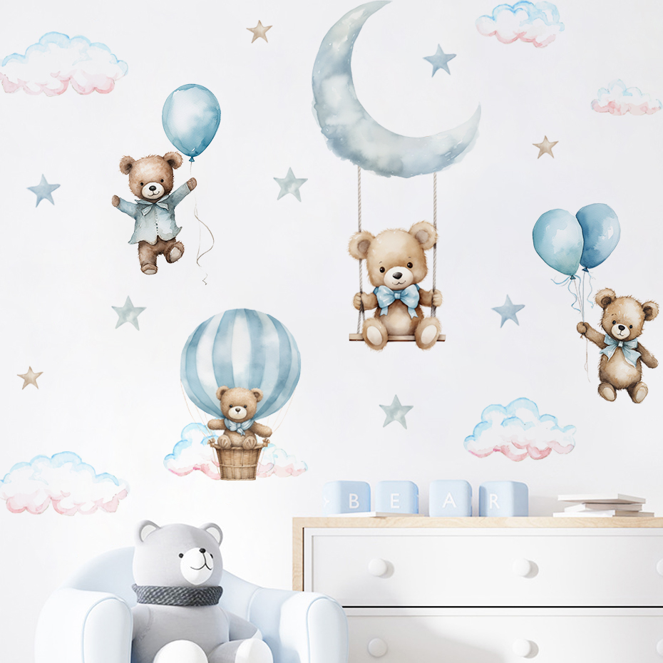Baby Nursery Boy - Aquarela urso balão de ar quente